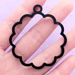 Acrylic Scalloped Round Frame Charm | Black Open Backed Bezel | Kawaii UV Resin Craft Supplies (1 piece / Black / 49mm x 55mm / 2 Sided)