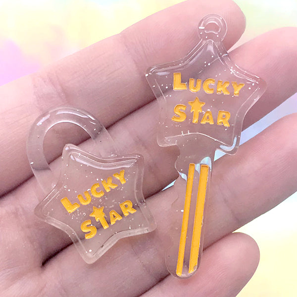 Kawaii Star Key Lock and Key Charms | Cute Jewelry Making | Decoden Resin Cabochon (2 pcs / Yellow)
