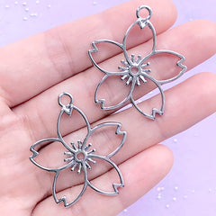 Sakura Open Bezel Charm | Cherry Blossom Deco Frame for UV Resin Filling | Resin Jewellery Supplies (2 pcs / Silver / 32mm x 35mm)