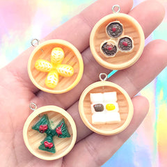 Dollhouse Dim Sum in Bamboo Steamer Basket | Miniature Chinese Food Charm | Fake Mini Food Jewelry DIY (4 pcs / Mix / 24mm x 10mm)
