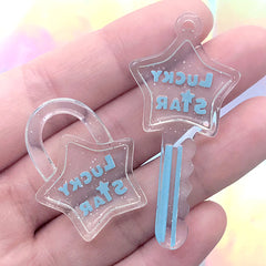 Star Key Lock and Key Pendant | Kawaii Resin Charm | Toddler Jewelry DIY | Decoden Pieces (2 pcs / Blue)
