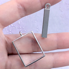Rectangle Deco Frame for Resin Filling | Rectangular Open Back Bezel Charm (2 pcs / Silver / 20mm x 29mm)