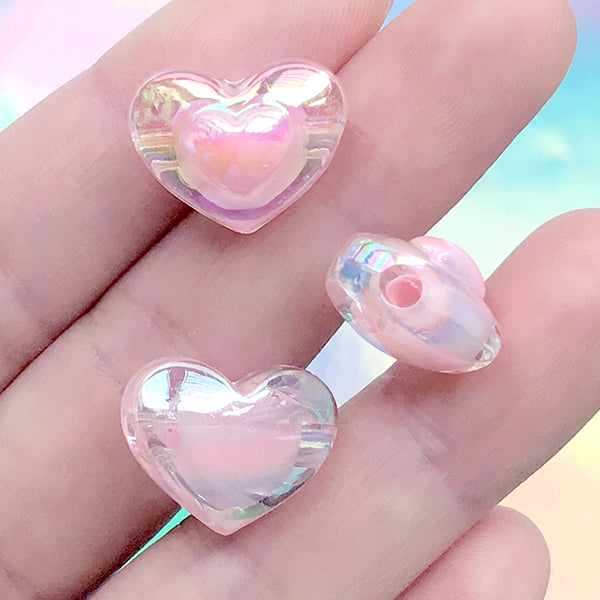Chunky Heart Beads in Iridescent Color | Kawaii Jewelry DIY | Acrylic Bead  Supplies (AB Pink / 4 pcs / 17mm x 13mm)