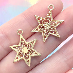 Six Pointed Star Charm | Filigree Hexagram Pendant | Sacred Geometry Jewellery DIY (2 pcs / Gold / 17mm x 23mm)