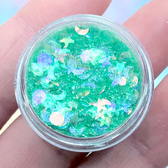 Iridescent Moon and Star Confetti and Glitter Powder Mix | Kawaii Resin Craft Supplies | Nail Decoration (Green / 2 grams)