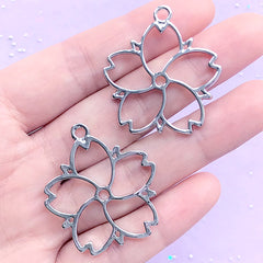 Kawaii Sakura Open Bezel for UV Resin Jewelry DIY | Cherry Blossom Charm | Flower Pendant | Floral Deco Frame (2 pcs / Silver / 32mm x 35mm)