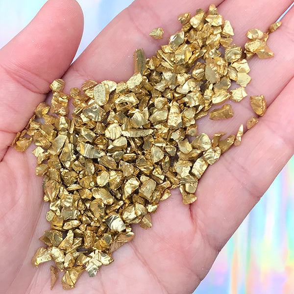 Faux Gold Nuggets | Fake Geode Crystals | Irregular Glass Crushed Stones | Miniature Gold Nugget | Resin Agate Coaster DIY (Gold / 5 to 8mm / 10 grams)