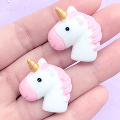 Unicorn Head Cabochon | Kawaii Decoden Resin Pieces | Cute Legendary Creature Embellishments (2 pcs / Pink / 25mm x 25mm)