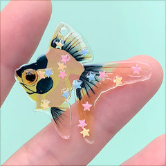 Colourful Goldfish Resin Pendant with Confetti | Plastic Fish Charm | Whimsical Jewelry Making (1 Piece / Orange Black / 39mm x 36mm)