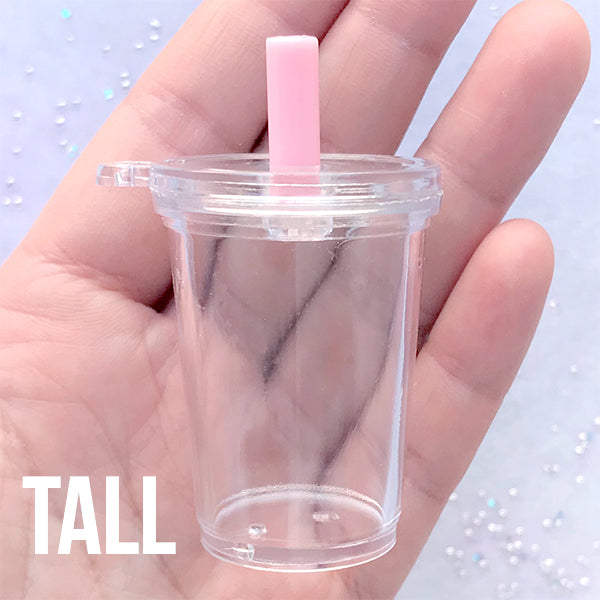 Miniature Iced Drink Cup | Dollhouse Boba Tea Cup | Kawaii Faux Food Keychain DIY (1 Set / Tall, Flat Lid and Pink Straw)