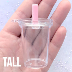 Miniature Iced Drink Cup | Dollhouse Boba Tea Cup | Kawaii Faux Food Keychain DIY (1 Set / Tall, Flat Lid and Pink Straw)