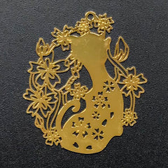 Sakura and Kitty Metal Bookmark Charm | Cherry Blossom and Cat Deco Frame for UV Resin Filling | Kawaii Resin Craft Supplies (1 piece / 27mm x 31mm)