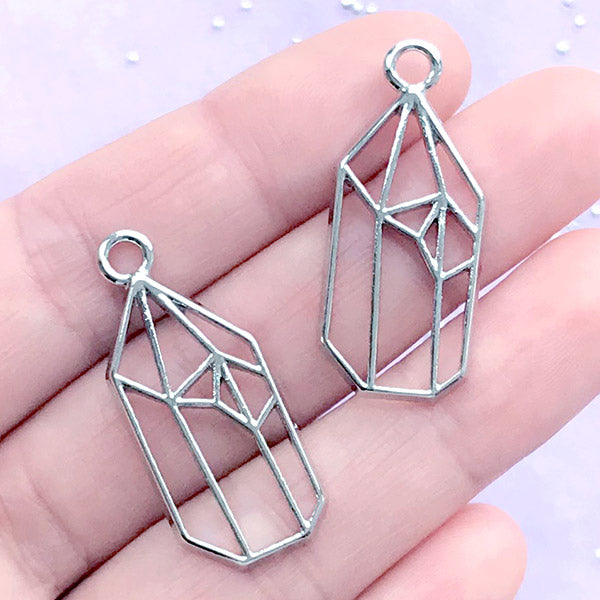 Crystal Shard Open Bezel Charm | Pointed Quartz Deco Frame | UV Resin Jewellery Supplies (2 pcs / Silver / 14mm x 32mm)
