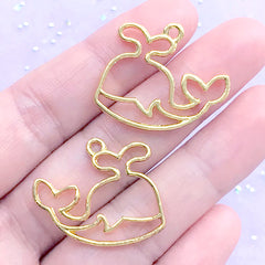 Kawaii Whale Open Bezel Charm | Marine Life Pendant | Fish Deco Frame | UV Resin Jewelry Supplies (2 pcs / Gold / 26mm x 23mm)