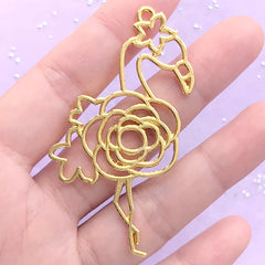 Flower Flamingo Open Bezel | Bird Deco Frame for UV Resin Filling | Kawaii Resin Jewelry DIY | Animal Charm (1 piece / Gold / 38mm x 64mm)