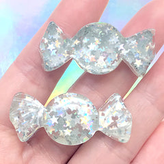 Glittery Taffy Candy Cabochons with Star Confetti | Holographic Resin Embellishment | Kawaii Sweet Deco | Decoden Supplies (2 pcs / Silver / 17mm x 41mm)