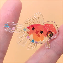 Colorful Goldfish Resin Charm with Confetti | Fish Plastic Pendant | Cute Jewellery Supplies (1 Piece / Red Orange / 38mm x 27mm)