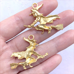 Witch on a Broomstick Charm | Halloween Party Favor Charm | Fairy Tale Jewellery Supplies (3 pcs / Gold / 36mm x 28mm)