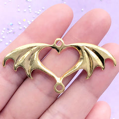 Devil Wings Open Bezel Connector Charm with Heart Frame | Halloween Pendant | UV Resin | Kawaii Goth Jewelry DIY (1 piece / Gold / 51mm x 25mm)