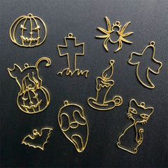 Halloween Open Bezel Charm Assortment (Set of 9 pcs) | Halloween Ornament DIY | UV Resin Jewelry Making (Gold)