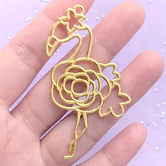 Flower Flamingo Open Bezel | Bird Deco Frame for UV Resin Filling | Kawaii Resin Jewelry DIY | Animal Charm (1 piece / Gold / 38mm x 64mm)