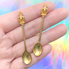 Miniature Spoon Charm | Crown Spoon Pendant | Dollhouse Cutlery | Mini Food Craft Supplies (2 pcs / Gold / 10mm x 56mm)