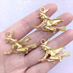 Witch on a Broomstick Charm | Halloween Party Favor Charm | Fairy Tale Jewellery Supplies (3 pcs / Gold / 36mm x 28mm)