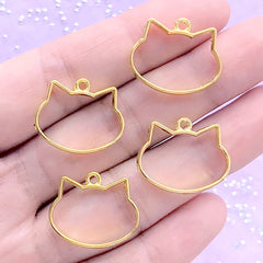 CLEARANCE Small Cat Head Open Backed Bezel Charm | Kawaii Deco Frame for UV Resin Jewellery DIY | Hollow Kitty Pendant (4 pcs / Gold / 20mm x 17mm)