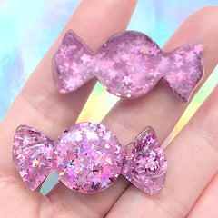 Glittery Candy Resin Cabochons with Holographic Star Confetti | Kawaii Decoden Pieces | Sweets Deco (2 pcs / Purple Pink / 17mm x 41mm)