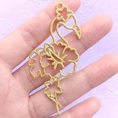 Flamingo and Laceleaf Open Bezel Pendant | Flower Bird Charm | Animal Deco Frame | UV Resin Jewellery DIY (1 piece / Gold / 34mm x 68mm)