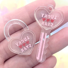 Heart Key and Key Lock Pendant | Kawaii Decoden Cabochon | Cute Resin Charm | Toddler Jewelry Making (2 pcs / Pink)