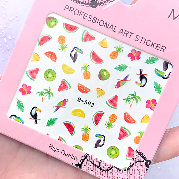 Summer Fruit Decal Sheet | Watermelon Kiwi Pineapple Toucans Palm Tree Water Transfer Sticker | Nail Art Supplies