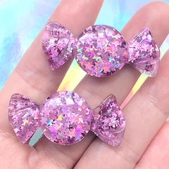 Glittery Candy Resin Cabochons with Holographic Star Confetti | Kawaii Decoden Pieces | Sweets Deco (2 pcs / Purple Pink / 17mm x 41mm)