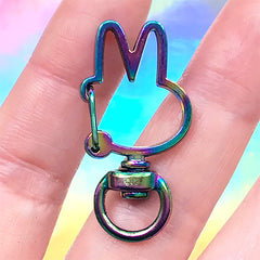 Bunny Shaped Snap Clasp with Swivel Ring | Rainbow Gradient Lobster Clip | Colourful Lanyard Hook | Kawaii Jewellery Supplies (1 piece / 19mm x 36mm)