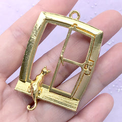 Cat Sitting on Window Open Bezel Charm with Movable Window Frame | Kawaii Kitty Deco Frame for UV Resin Filling (1 piece / Gold / 36mm x 55mm)