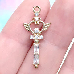 Magical Girl Heart Magic Wand Pendant with Rhinestones | Kawaii Mahou Kei Jewelry Supplies (1 piece / Gold / 12mm x 27mm)