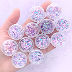 Iridescent Confetti Glitter Rhinestones Pearl Assortment in Purple Pink Color | Navette Hexagon Flower Star Heart Diamond Round Dot (12 boxes)