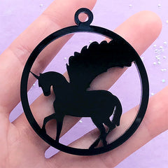 Pegasus Acrylic Open Bezel | Unicorn Deco Frame for UV Resin Filling | Mythical Creature Pendant (1 piece / Black / 48mm x 54mm / 2 Sided)