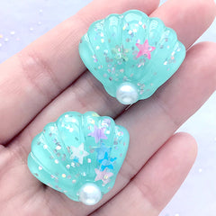 Sea Shell Cabochons | Decoden Resin Cabochon | Kawaii Embellishment | Phone Case Deco (2 pcs / Blue Green / 27mm x 25mm)