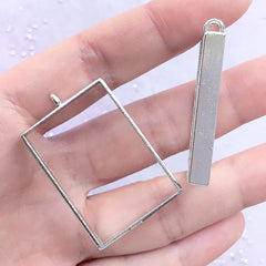 Rectangle Deco Frame for Pressed Flower Jewellery DIY | Rectangular Open Bezel Pendant for Resin Crafts (2 pcs / Silver / 25mm x 39mm)