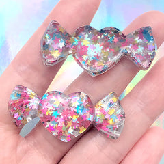 Heart Shaped Taffy Candy Decoden Cabochons with Holo Star Confetti | Kawaii Hair Bow Center | Cute Jewelry DIY (2 pcs / Colorful / 19mm x 43mm)