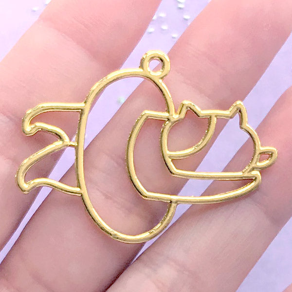 CLEARANCE Swimming Cat with Swim Ring Open Bezel | Kitty and Lifesaver Charm | Kawaii Deco Frame for UV Resin Crafts (1 piece / Gold / 41mm x 31mm)