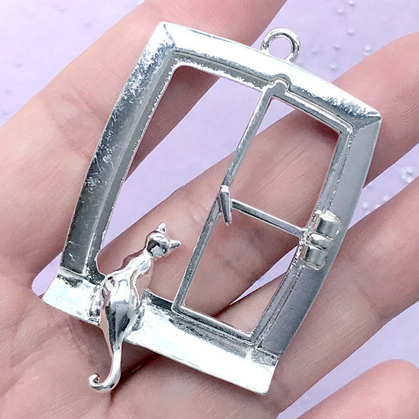 Cat Looking Out Window Open Bezel Pendant with Movable Window Frame | Cute Kitty Deco Frame | UV Resin Jewelry DIY (1 piece / Silver / 36mm x 55mm)
