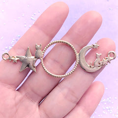 Magical Kitty with Moon and Star Open Bezel Connector Charm | Round Deco Frame for UV Resin Filling (1 piece / Gold / 23mm x 70mm)