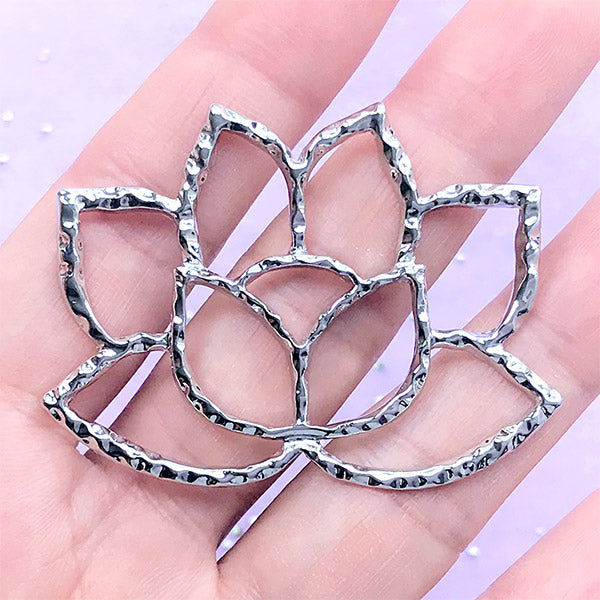 Large Lotus Flower Open Backed Bezel for UV Resin Jewelry Making | Padma Deco Frame (1 piece / Silver / 52mm x 38mm)