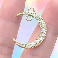 Rhinestone Moon Charm | Crescent Moon Pendant | Bling Bling Magical Girl Jewelry Making (1 piece / Gold / 20mm x 27mm)