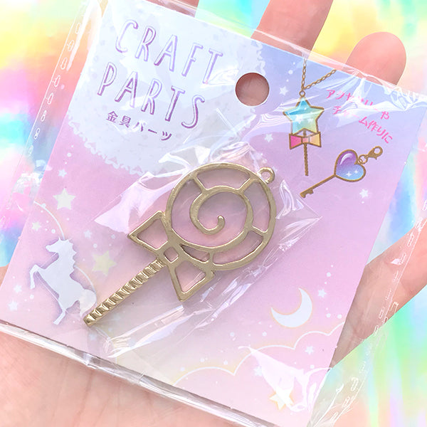 Lollipop Magic Wand Deco Frame for UV Resin Filling | Sweet Open Bezel Charm | Kawaii Jewelry DIY (1 piece / Gold / 26mm x 57mm)