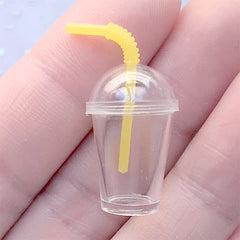 Miniature Dollhouse Frappuccino Cup with Dome Lid and Straw | Doll House Bubble Tea Cup | Doll Food Making (1 Set / Translucent Yellow / 14mm x 21mm)