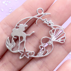 CLEARANCE Princess Mermaid Open Bezel Pendant | Fairy Tale Charm | Kawaii Deco Frame for UV Resin Filling (1 piece / Silver / 40mm x 33mm)