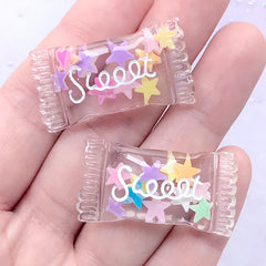Kawaii Candy Bag Cabochon with Star Polymer Clay Slices | Resin Decoden Pieces | Sweet Jewelry Supplies (2 pcs / 18mm x 34mm)